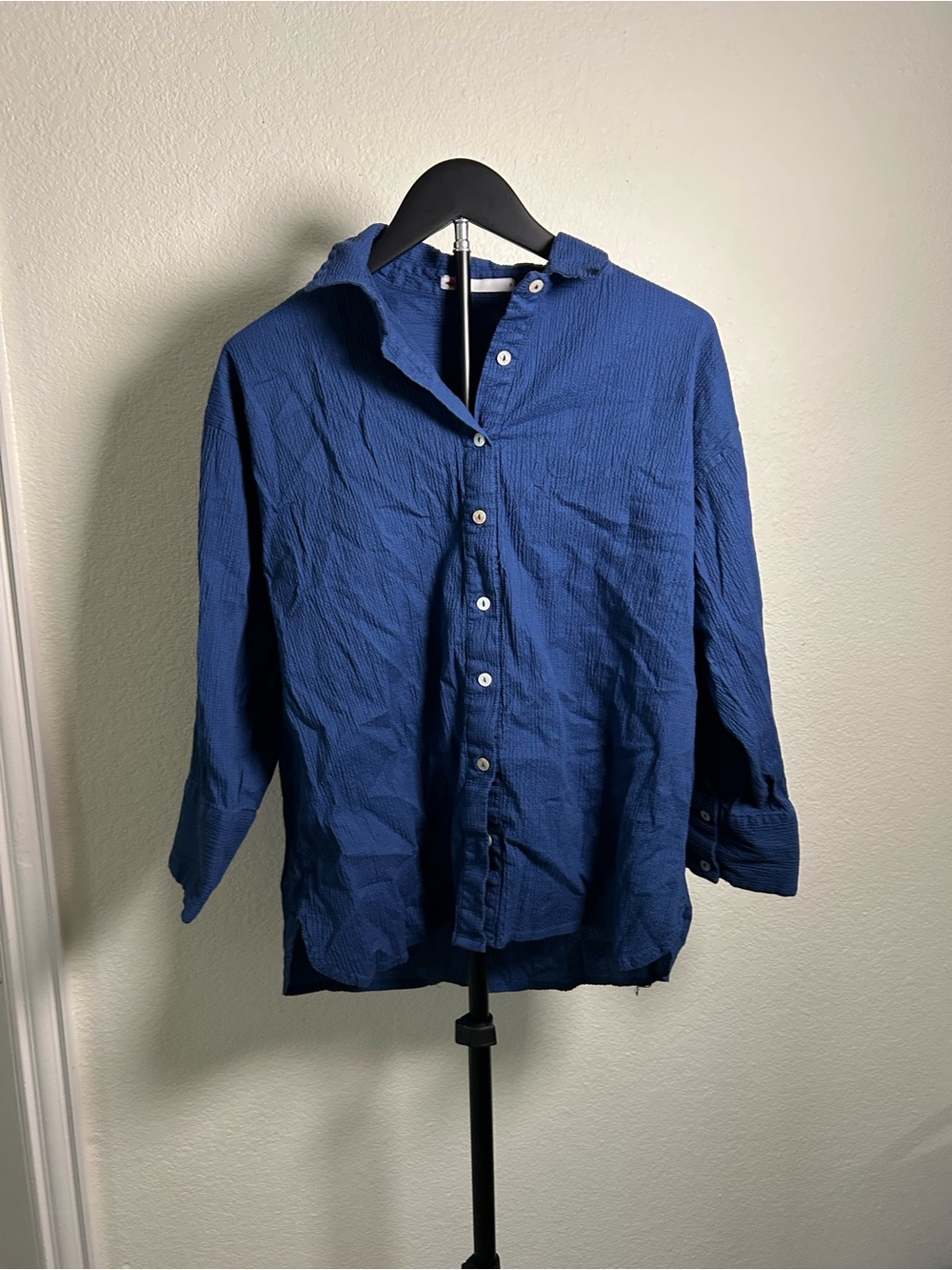 Women’s Blue Button-Up Hooded Shirt